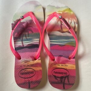 Havaianas Palm print Hawaii Beach Sunset Crystal Embellished Flip Flops Shoes